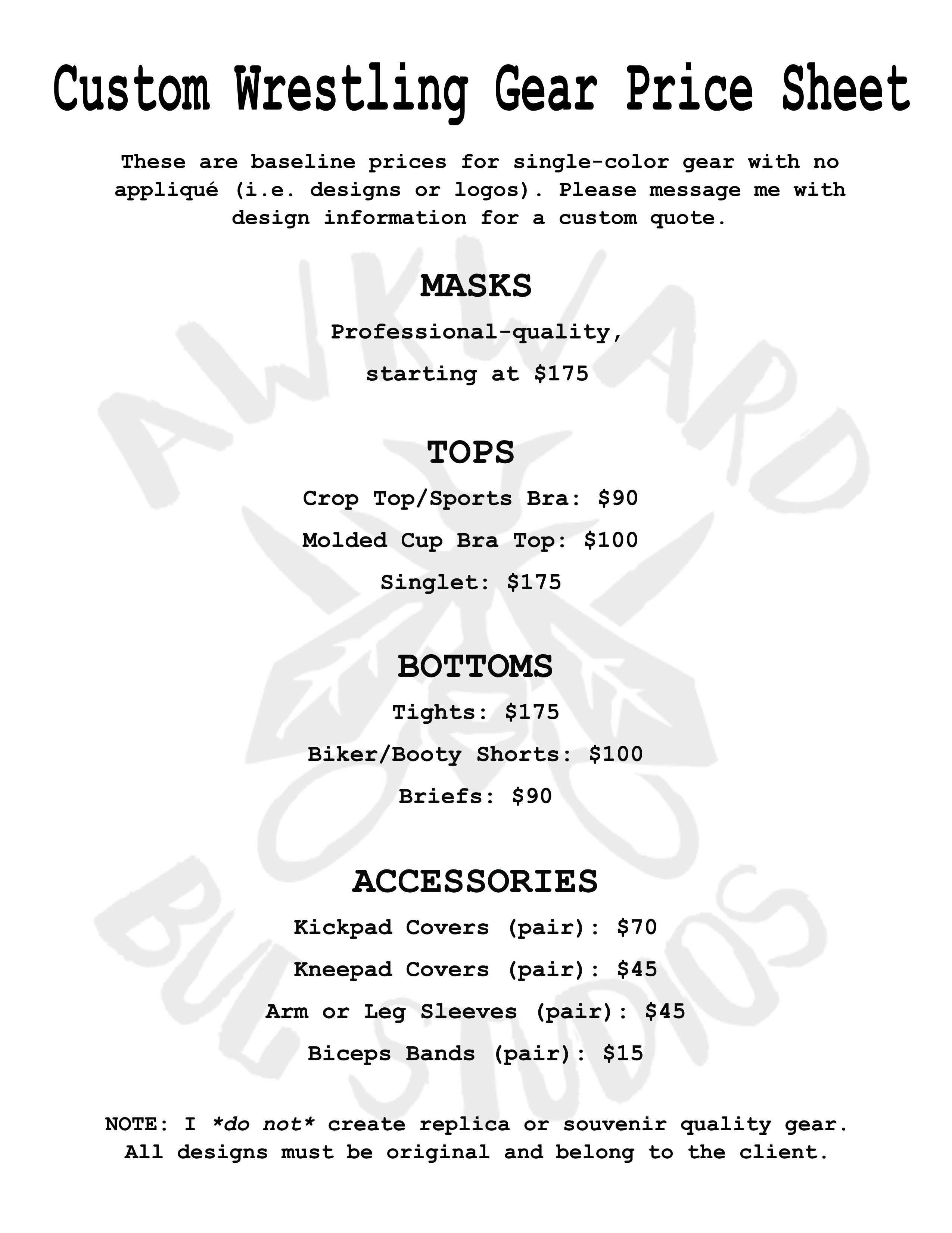 Basic Gear Pricing Sheet 2020
